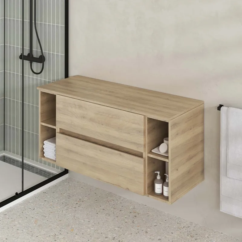 Petit Prix Meuble de salle de bains Timber 2 tiroirs + niches 120 x 56 x 46 cm MDF chêne naturel - AURLANE