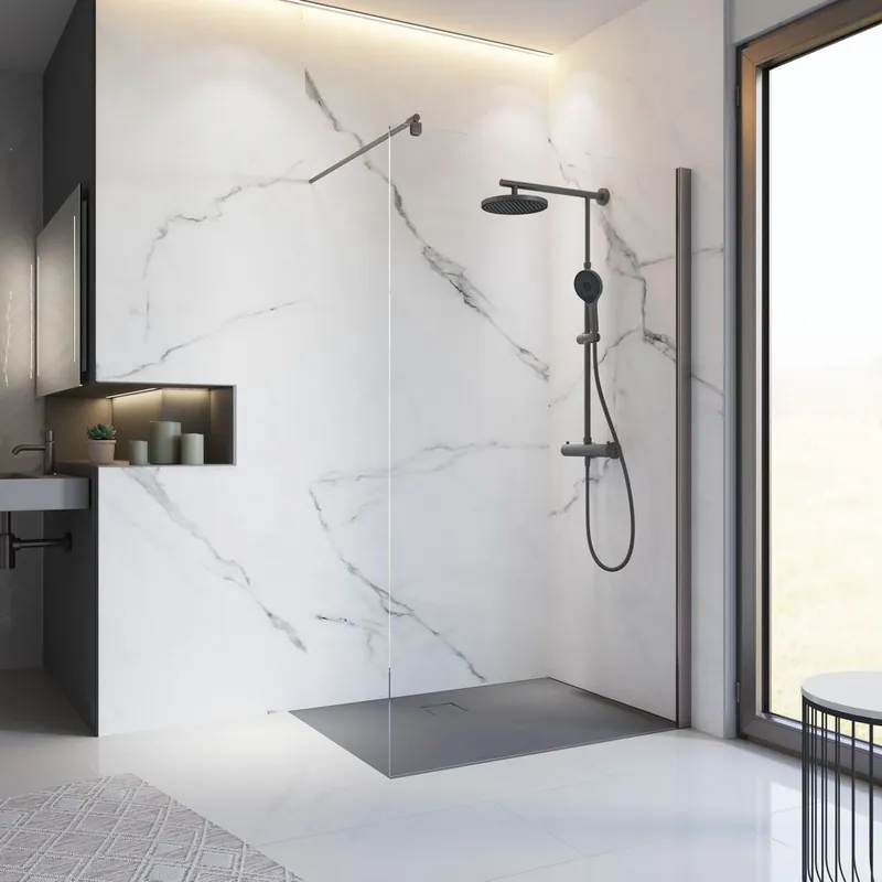Paroi de douche à l‘italienne 90x200 cm profilé gun metal verre transparent 6 mm New Style - SCHULTE Offre Du Jour