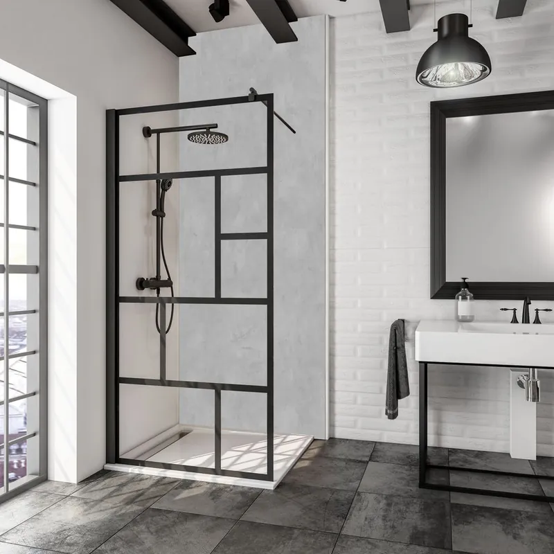 Dernier Modèle Paroi de douche à l‘italienne 90x200 cm profilé noir verre sérigraphié décor atelier 6 mm New Style - SCHULTE