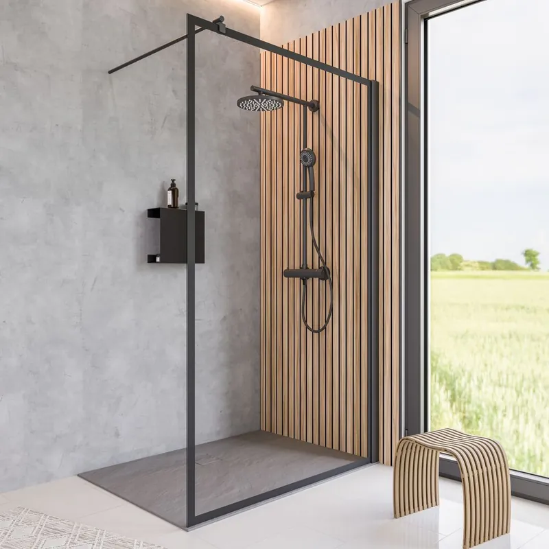 Authentique Paroi de douche à l‘italienne 90x200 cm profilé noir verre sérigraphié cadre noir 6 mm New Style - SCHULTE