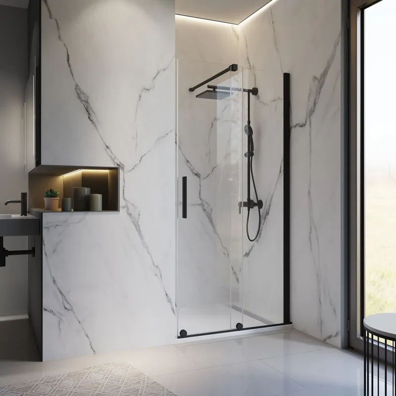 Porte de douche coulissante avec roulettes en bas 120x200 cm profilé noir verre transparent 8 mm New Style - SCHULTE Meilleur Prix