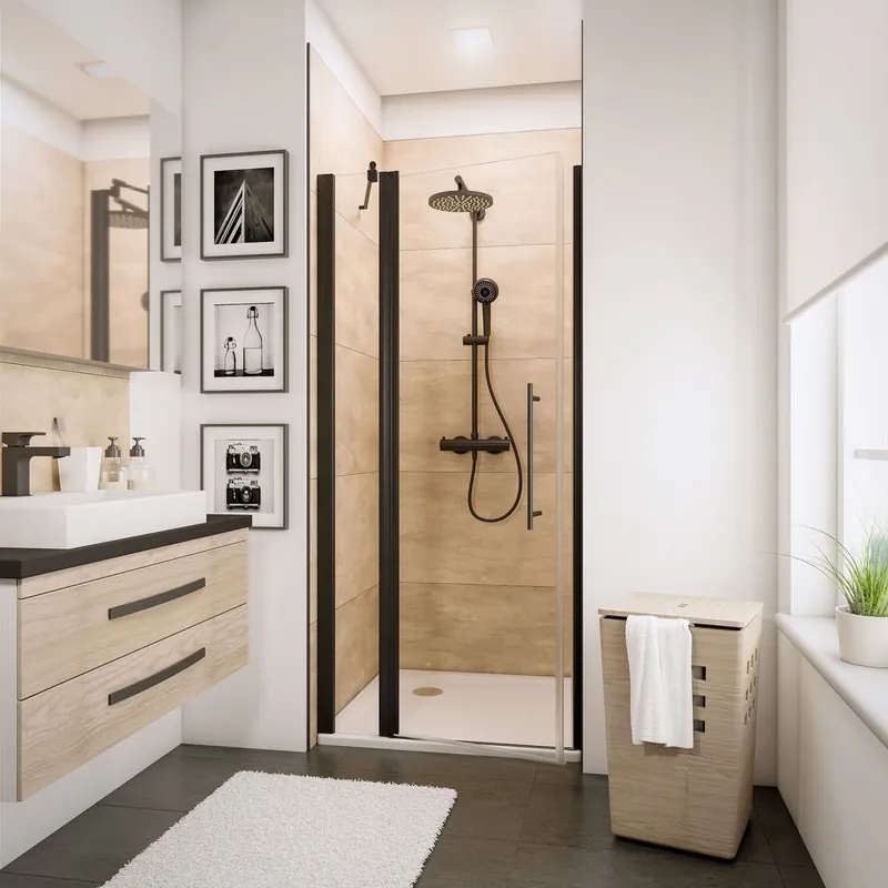 Meilleur Prix Porte de douche pivotante sur élément fixe 100x192 cm profilé noir verre transparent 5 mm New Style - SCHULTE