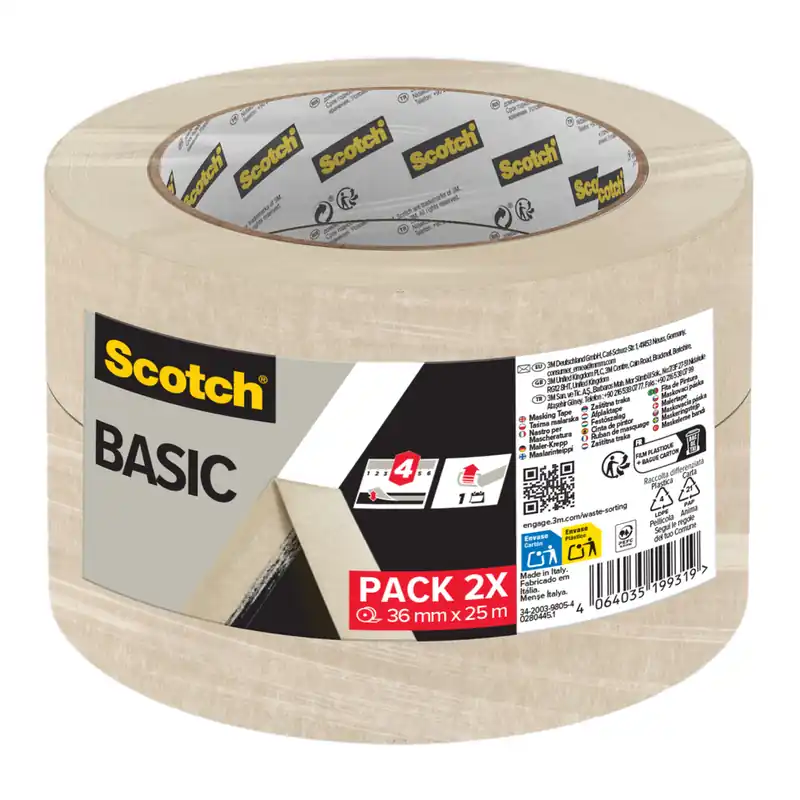 Ruban de masquage basic 36 mm x 25 m par 2 SCOTCH Nouveauté
