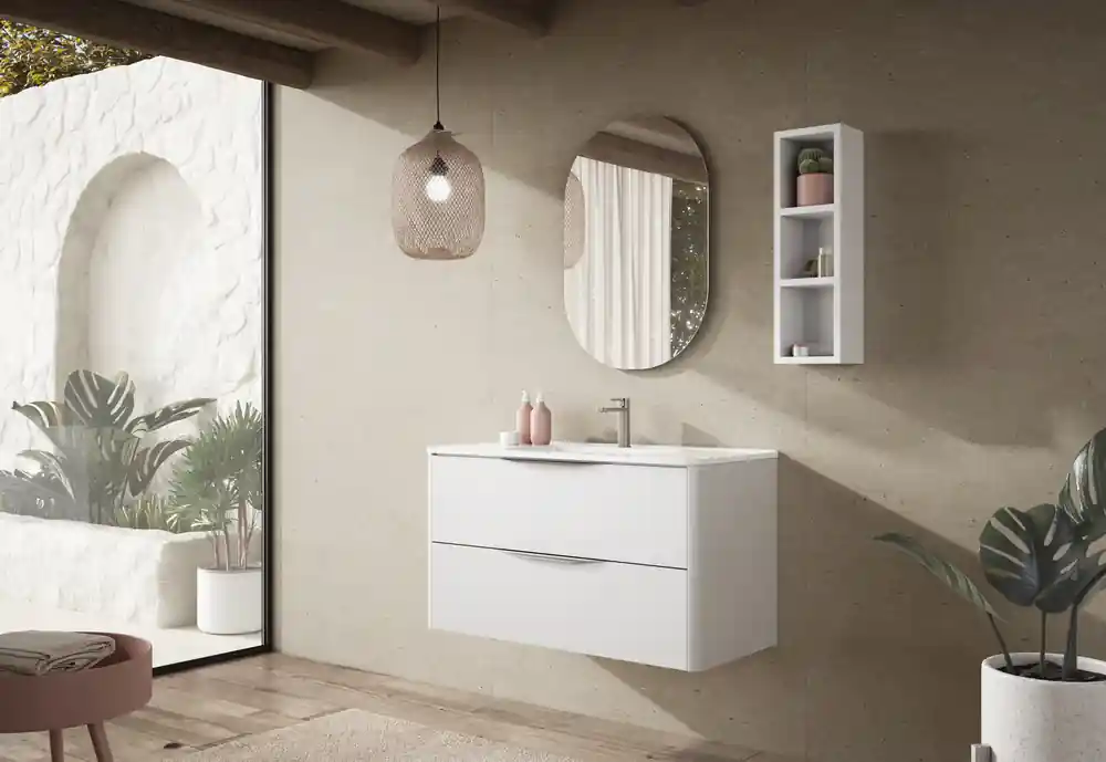 Nouvelle Collection Meuble de salle de bains 2 tiroirs L100 x H60 x P45 cm mélaminé blanc avec plan vasque céramique Mirabo