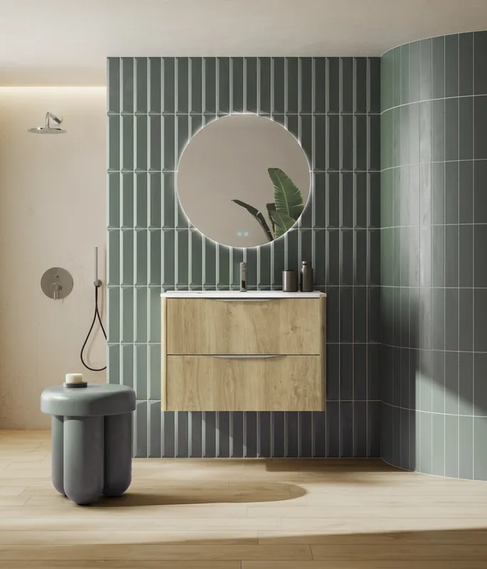 Authentique Meuble de salle de bains 2 tiroirs L80 x H60 x P45 cm mélaminé chêne naturel avec plan vasque céramique Mirabo