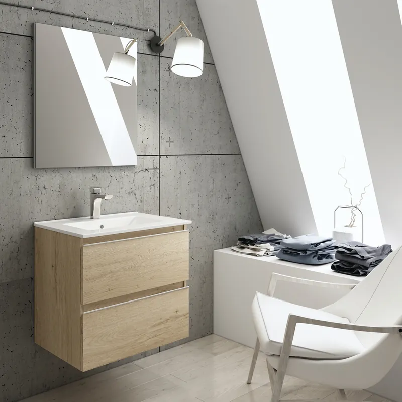 Meuble de salle de bains Inglet 60 x 61 x 45 cm 2 tiroirs bois mélaminé coloris bambou + vasque céramique - EGORE Vente Directe