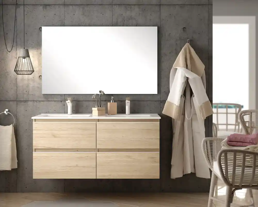 Vente Flash Meuble de salle de bains Inglet 120 x 61 x 45 cm 4 tiroirs bois mélaminé coloris bambou + double vasque céramique - EGORE