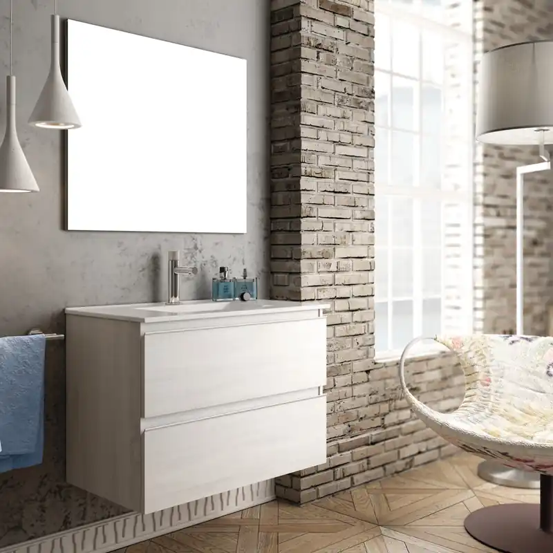 Top Vente Meuble de salle de bains Inglet 80 x 61 x 45 cm 2 tiroirs bois mélaminé coloris hibernian + vasque céramique - EGORE