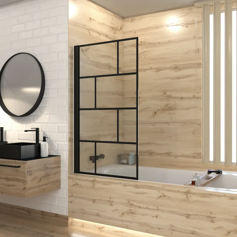 Retour Gratuit Pare-baignoire rabattable 140x80 cm profilé noir verre sérigraphié Bricks - AURLANE