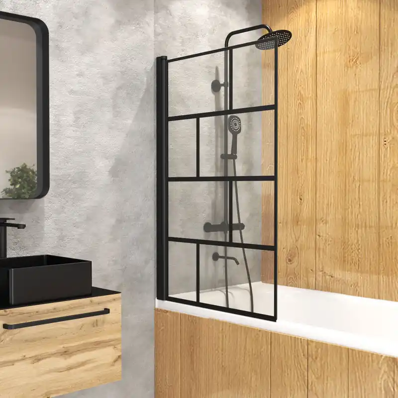 Pare-baignoire rabattable 125x75 cm profilé noir verre sérigraphié Bricks - AURLANE Quantité Limitée