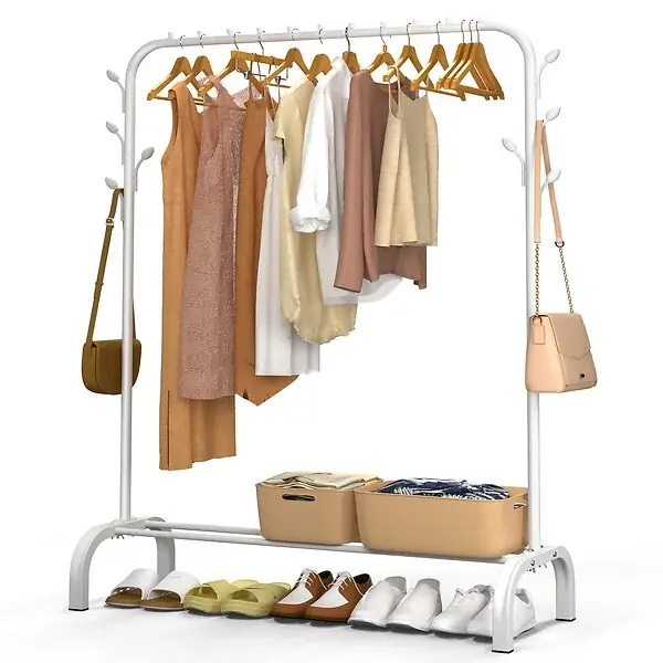 Authentique Portant a Vetements avec etagere Chaussures 8 Crochets Lateraux 110x41x147cm metal Blanc VOUNOT
