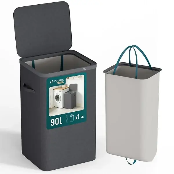 Panier a linge 1 compartiment et sac amovible auto ajustant avec couvercle 90L Anthracite VOUNOT Achetez Aujourd'hui