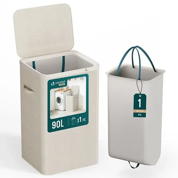 Dernière Chance Panier a linge 1 compartiment et sac amovible auto ajustant avec couvercle 90L Beige VOUNOT