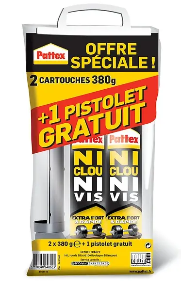 Prix Bas Colle super puissante Ni Clou Ni Vis - 2 x 380g + pistolet PATTEX