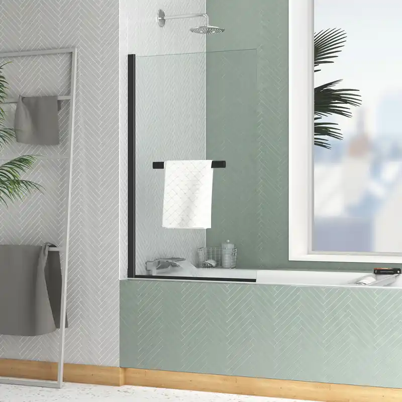 Expédition Rapide Pare-baignoire rabattable avec porte-serviette 120x70 cm profilé noir verre transparent Essentiel - AURLANE