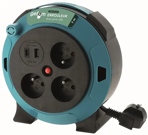 Enrouleur ménager 7m - 3 prises 16A + USB - Puissance 2300W GEFOM Affaire À Saisir
