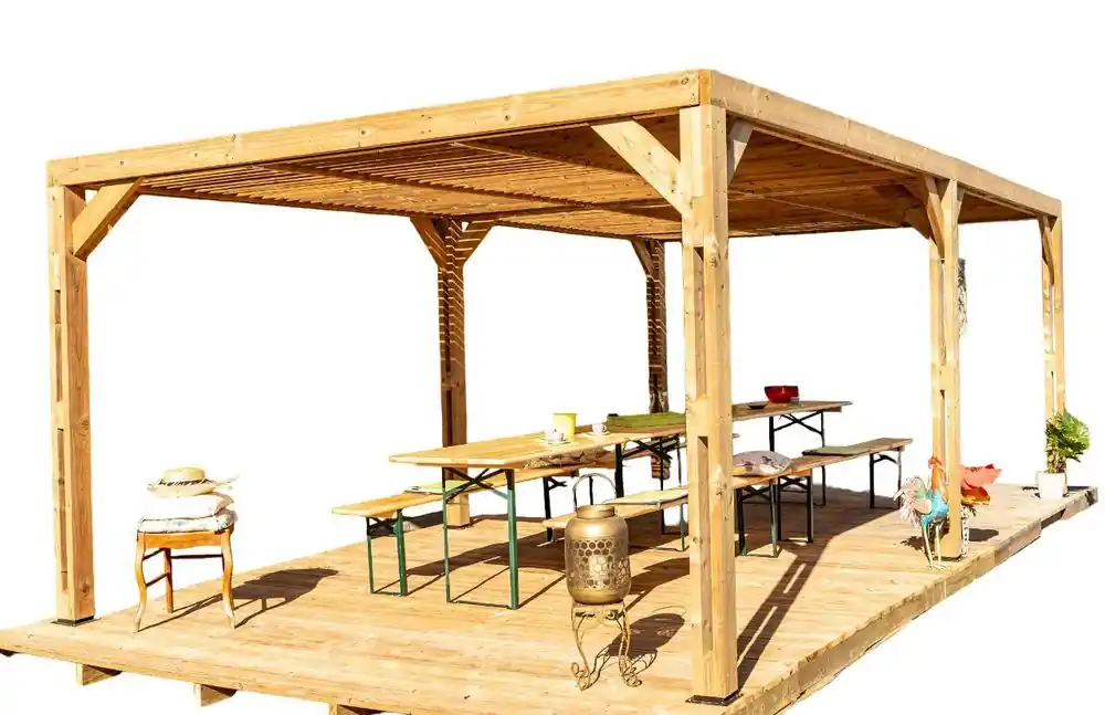 Pergola autoportante en bois traité thermachauffé avec ventelles mobiles sur toit L 6,14 x l 3,41 x h 2,17 m, Livraison à domicile incluse - HABRITA Prix Promo