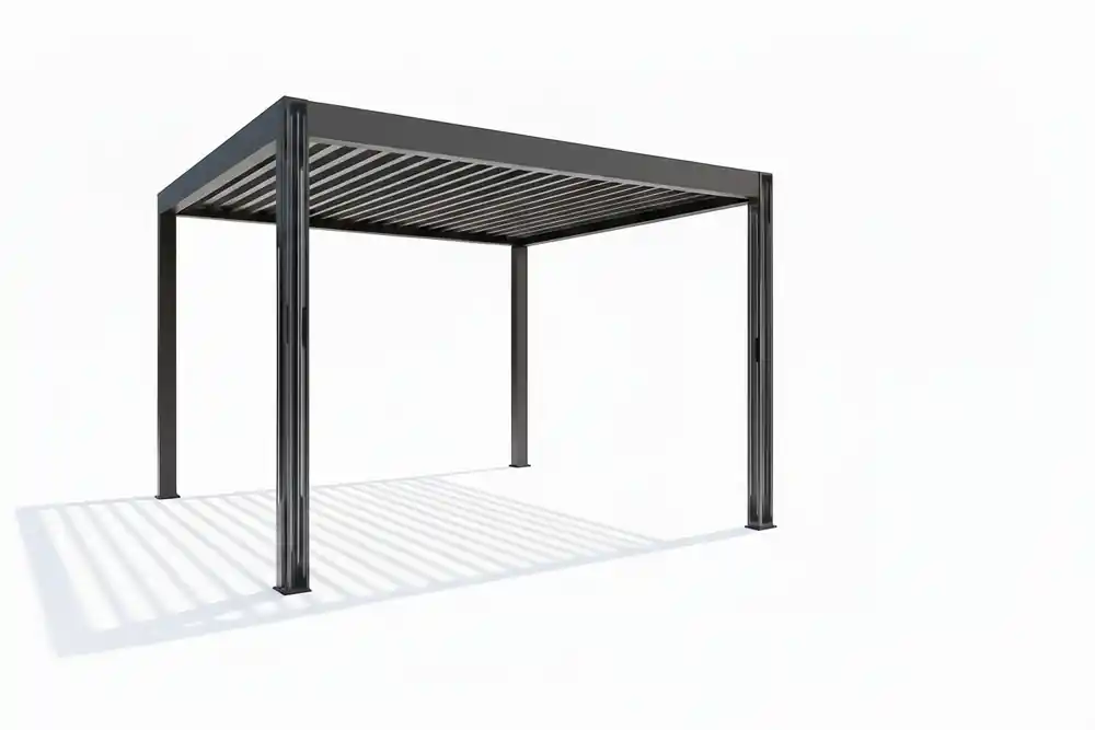 Usine Directe Pergola bioclimatique en aluminium gris anthracite + 2 poteaux solaire design lignes 11,90 m², Livraison à domicile incluse - HABRITA