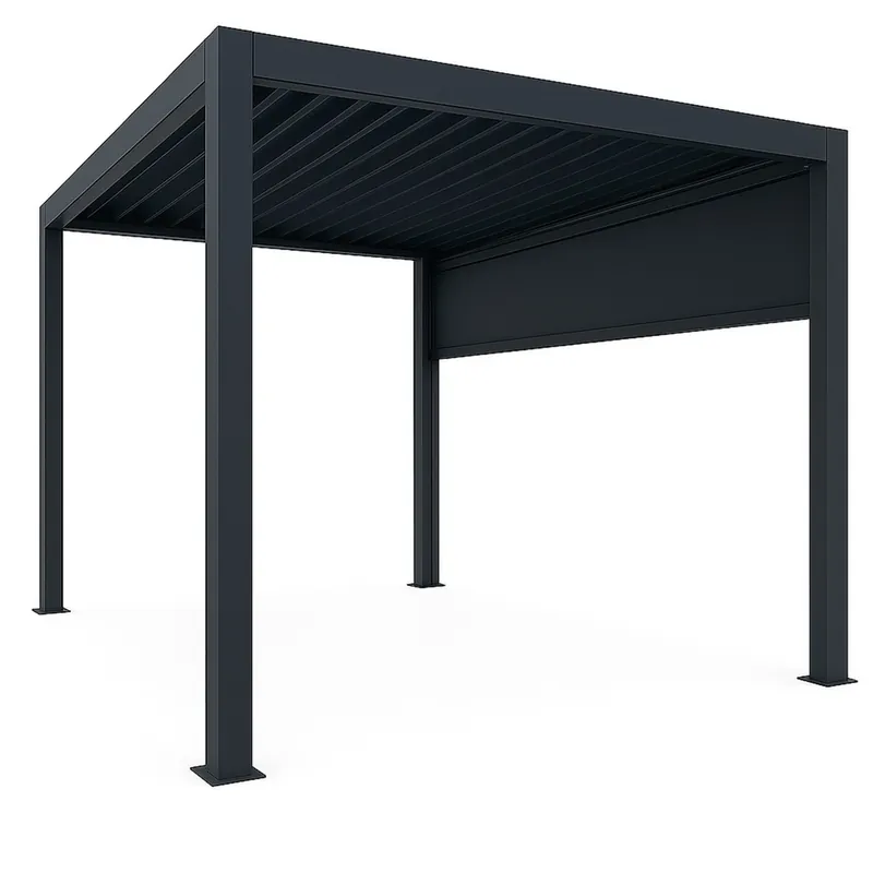 Prix Promo Pergola bioclimatique en aluminium gris anthracite + 1 rideau sur le côté de 3 m 11,90 m², Livraison à domicile incluse - HABRITA