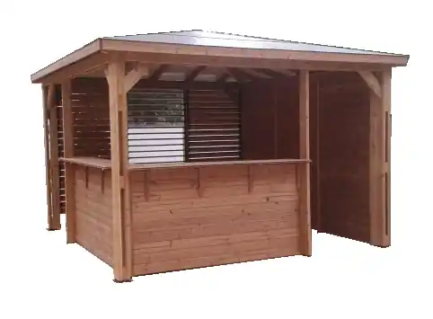 Bon Marché Abri de jardin pool house BLUETERM en bois traité avec comptoir + 1 paroi mur plein, 1 paroi ventelles, 2 parois comptoirs 12,31 m², Livraison à domicile incluse - HABRITA