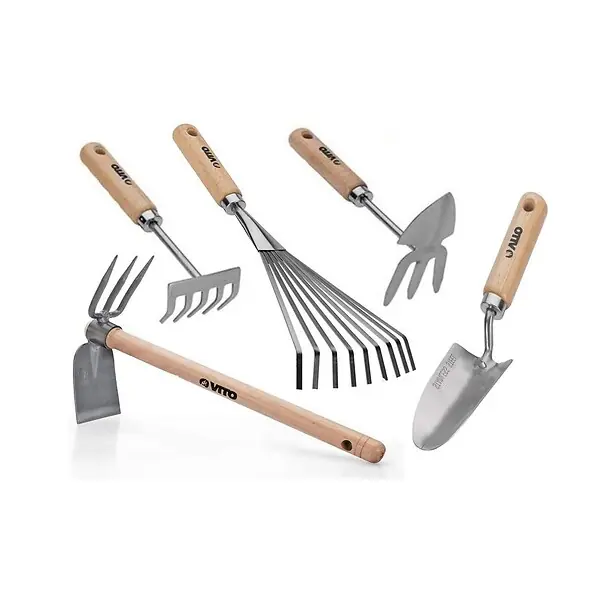 Kit 5 outils de jardin Manche bois Inox et Fer forgés à la main Haute qualité VITO Haute Qualité