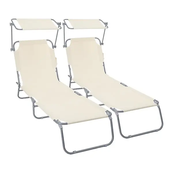 Acheter Direct Lot de 2 chaise longue pliante avec pare soleil beige VOUNOT