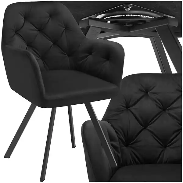 Dernier Modèle Fauteuil pivotant 180° en velours rembourré motif matelassé noir TECTAKE