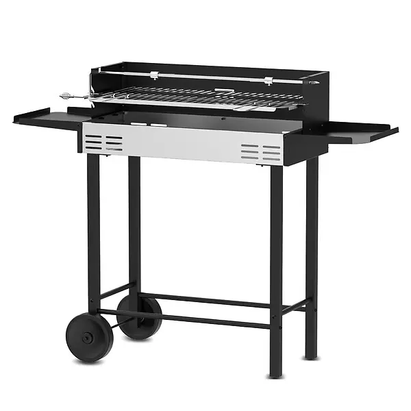 Bon Plan Barbecue charbon de bois avec roues et broche, surface de cuisson 68x33cm ELEM GARDEN TECHNIC