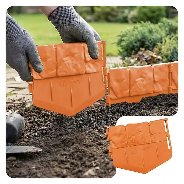 Lot de 175 pcs Bordure de jardin imitation pierre facile a installer 26.7m terracotta VOUNOT Usine Directe