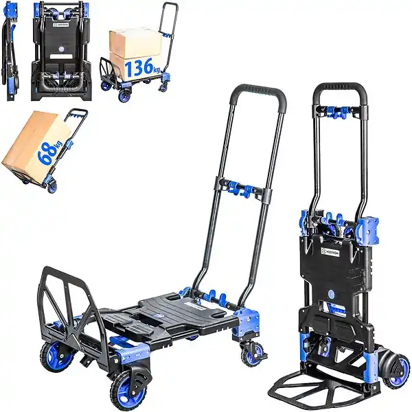 Must-Have HOSTRÖM 2-en-1, Chariot à roulettes et Diable Pliant, Chariot Pliable Max 136kg, Diable Demenagement Max 68kg, Roues pivotantes 360°, Garantie 5 Ans. HOSTRÖM