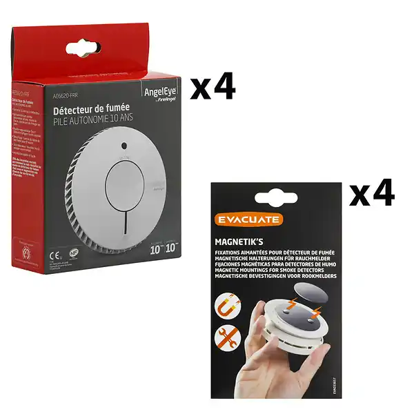 Certifié AngelEye Lot de 4 DAAF NF autonomie et garantie 10 ans + 4 supports aimantés Magnetiks