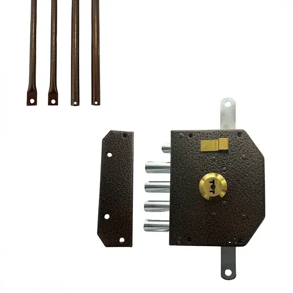 Remise Serrure de sûreté pour porte d‘entrée avec tringles - En Applique - 6 points - Marron - Gauche - Axe 60 mm - 5 clés SECURY-T