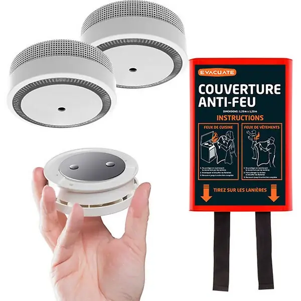 Bon Marché EVACUATE Pack 2 détecteurs de fumée + 2 supports aimantés + 1 couverture anti-feu