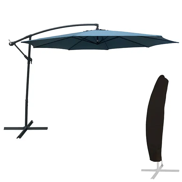 Affaire À Saisir Parasol déporté OAHU rond 3,50m de diamètre bleu gris + housse HAPPY GARDEN