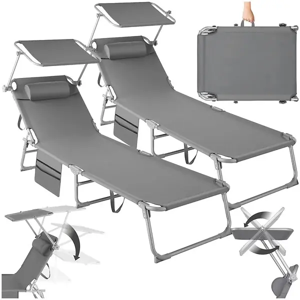 Achat Immédiat Lot de 2 bain de soleil gris en polyester réglable 4 positions avec pare-soleil TECTAKE