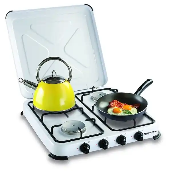 Plaque de cuisson gaz portable 4 feux - Réchaud gaz 4650W Blanc Couvercle et grilles amovibles Camping Cuisine Exterieure KEMPER Achat Immédiat