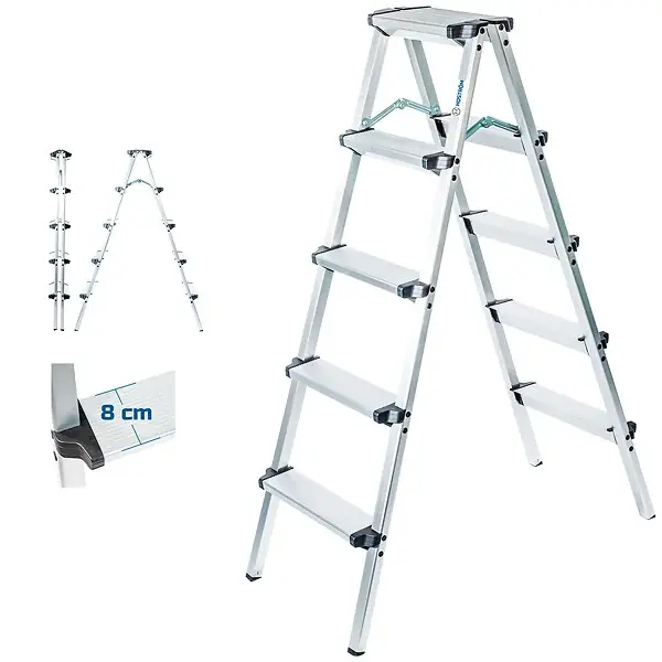Escabeau marche pied 5 marches HOMILIX5, petit escabeau pliable, aluminium, design compact et robuste, H max travail 2,85m, 5 ans garantie, Hostrom HOSTRÖM Paiement Sécurisé