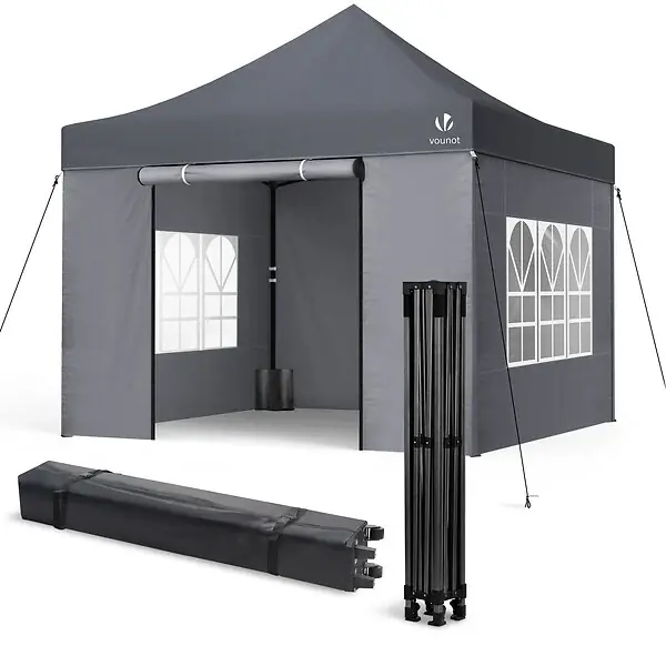 Meilleur Prix Tonnelle de jardin renforcée 3x3m pliable Barnum avec 4 parois latérales et fenêtres gris VOUNOT