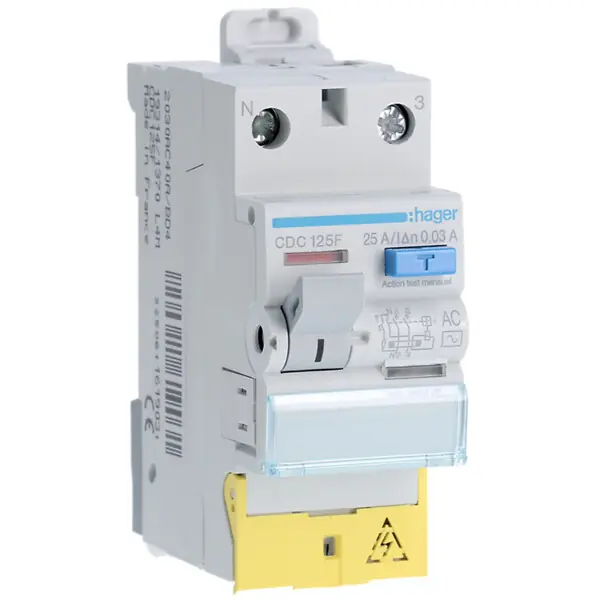 Interrupteur différentiel 1P+N 25A 30mA type AC à bornes décalées - HAGER - CDC125F Commander Vite