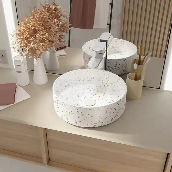 VASQUE TERRAZZO GRIS - Diam 35cm x 12cm - RONDE EN CERAMIQUE BLANC MAT AURLANE Achetez Aujourd'hui