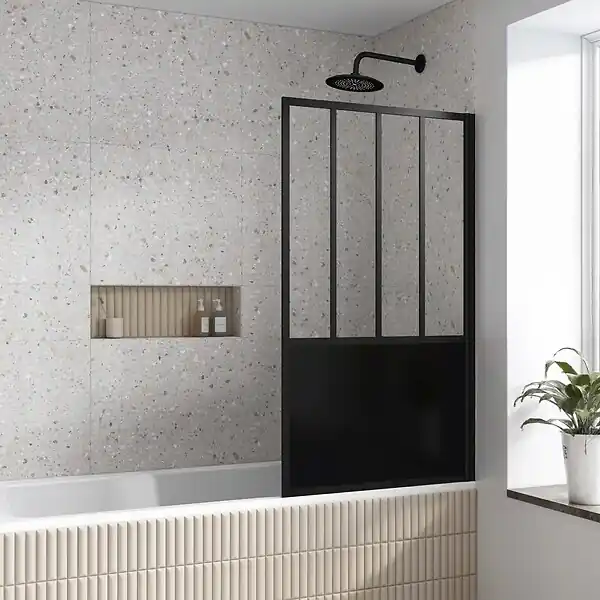 Pare Baignoire Pivotant 140x80cm Type Industriel - Profilé Noir Mat - Verre Trempé - GLASSY SCREEN AURLANE Commander Vite