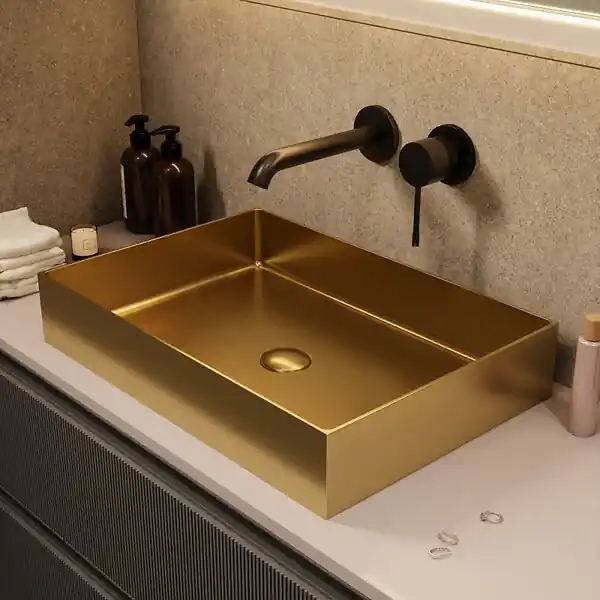 Acheter En Ligne Ceramia Timeless Vasque à poser en Acier inoxydable 304, 55x38x11cm sans trop-plein + Bonde, Or brossé PVD