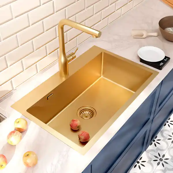Ceramia Timeless Évier de cuisine encastrable inox 304, 1 bac , 68x45x21 cm, Or brossé PVD Prix Cassé
