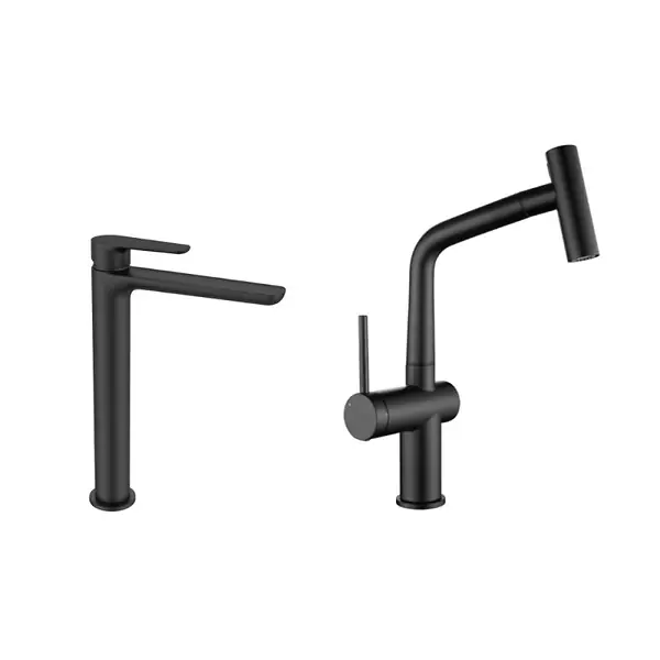 Commande En Gros Mood set mitigeur lavabo XL + mitigeur cuisine Ceramia Timeless acier inoxydable, douchette extractible, noir mat (SATBSMTKLBMC) SWISS AQUA TECHNOLOGIES