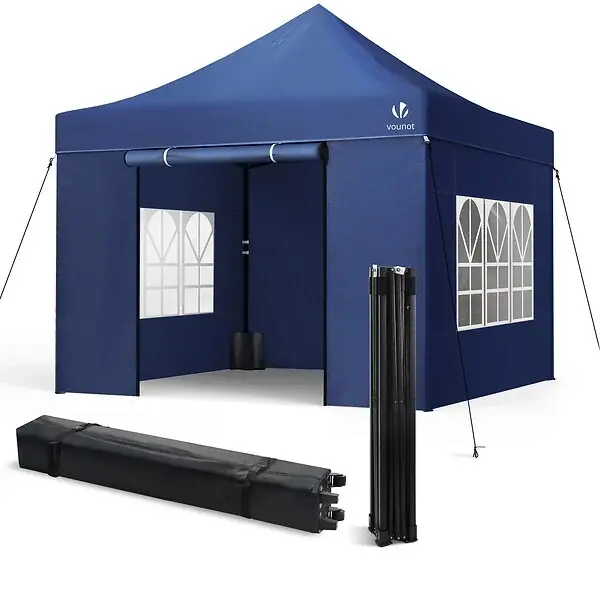 Tonnelle de jardin renforcée 3x3m pliable avec 4 parois et sac de transport a roulette bleue VOUNOT Dernier Modèle
