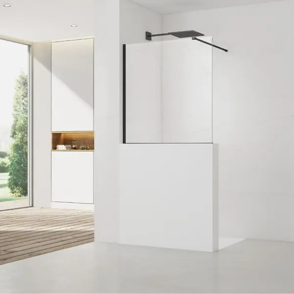 Top Vente Swiss Aqua Technologies Pare-muret 120x100cm Paroi en verre Crystal Glass® 8 mm anticalcaire, avec bras et profilés noir mat (SATBWIS120PRC)