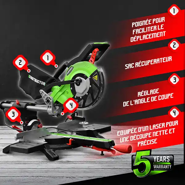 Authentique Scie onglets radiale 1800w-210mmavec laser et double inclinaison CONSTRUCTOR