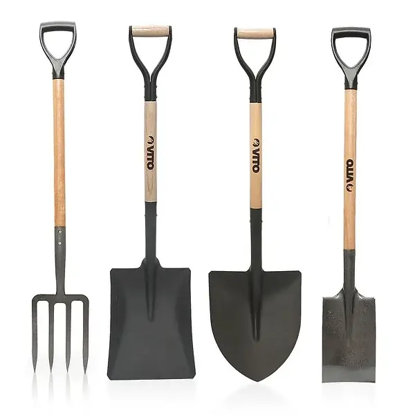 Pack 4 outils de jardin Acier Manche en Bois Fourche + Pelle carrée + Pelle ronde + Bêche VITO Expédié Aujourd'hui