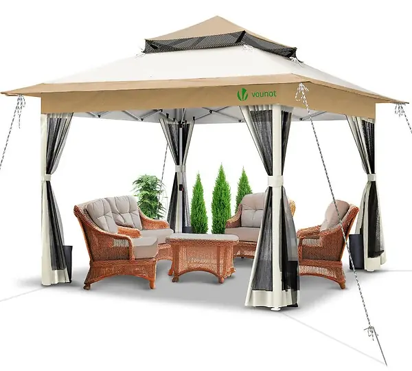 Tonnelle de jardin exterieure pliable avec moustiquaire 3.6x3.6m beige VOUNOT Commander Vite