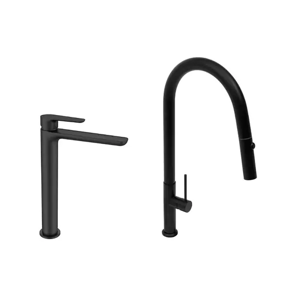 set mitigeur lavabo XL + mitigeur monocommande de cuisine avec douchette extractible 2 jets, noir mat (SATBSM288C) SWISS AQUA TECHNOLOGIES Offre Du Jour